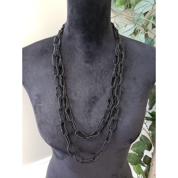 Women Fashion 2 Strand Black Seed Bead Chain Necklace Jewelry with Lobster Clasp - Picture 2 of 7